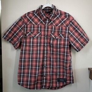 Harley Davidson Large Red Plaid Logo Snap Shirt Short Sleeve Cotton Genuine MC